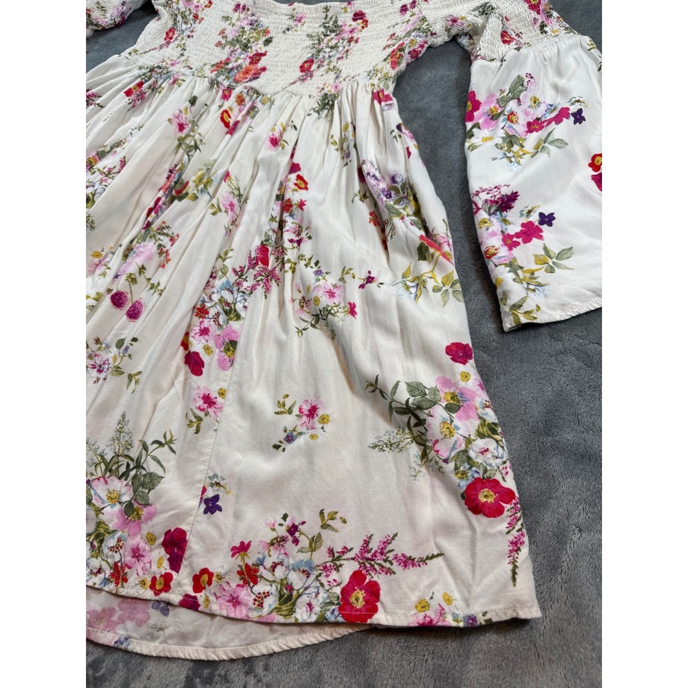 Torrid Floral Smocked Off Shoulder Bell Sleeve Mini Dress White Size 1 (XL) Boho - Picture 15 of 16